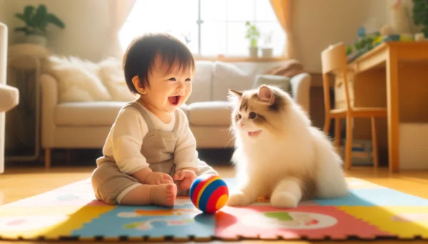 赤ちゃんとペットの猫が遊ぶ様子